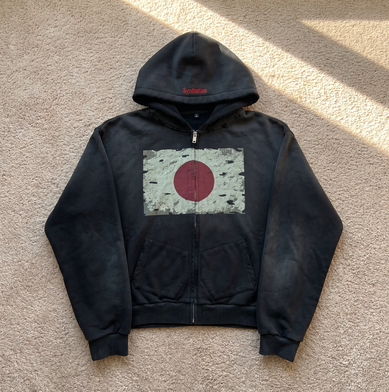 Black Washed Zip-Up Hoodie with Distressed Graphic