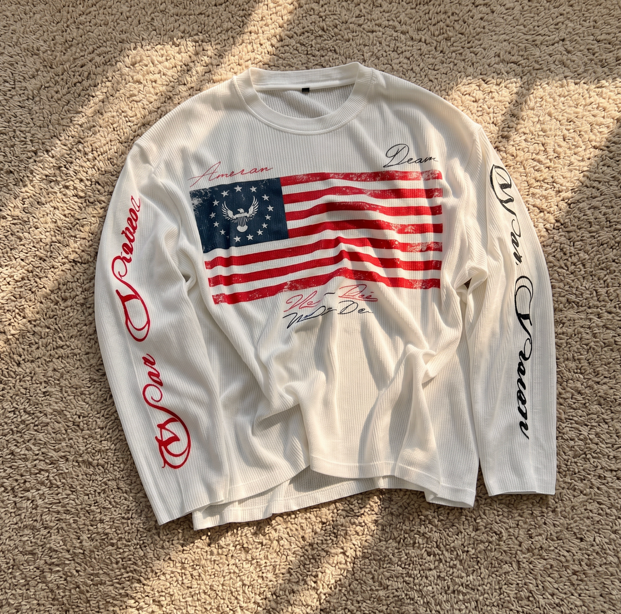 White Waffle Knit Script Graphic Long Sleeve