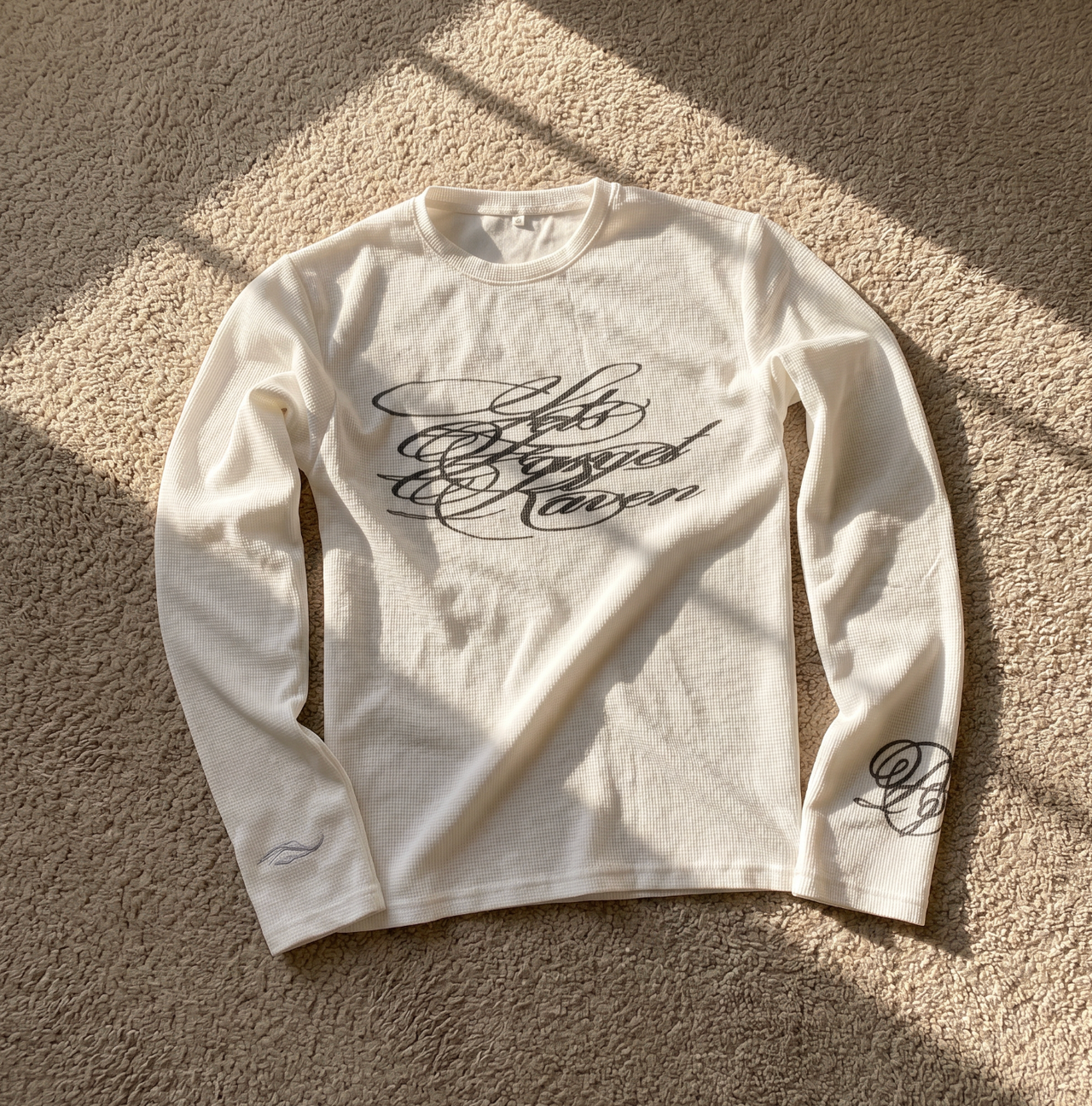 White Waffle Knit Script Graphic Long Sleeve